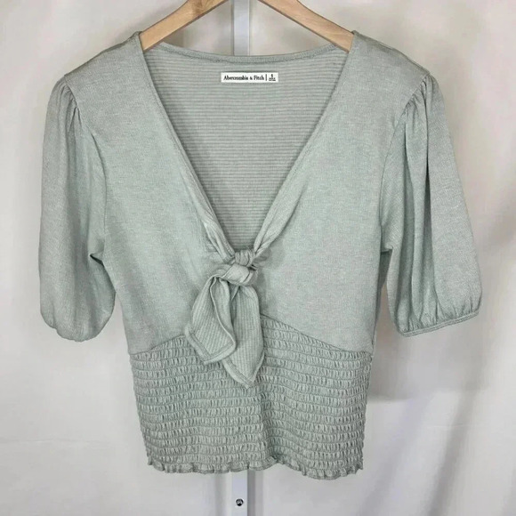Abercrombie & Fitch Size Small Knit Ruched Tie Top Green Short Sleeve Blouse - Picture 1 of 13
